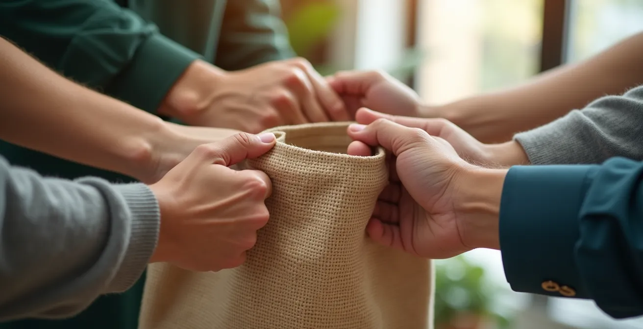 Mains d'équipe tenant ensemble un sac éco-responsable en matière naturelle