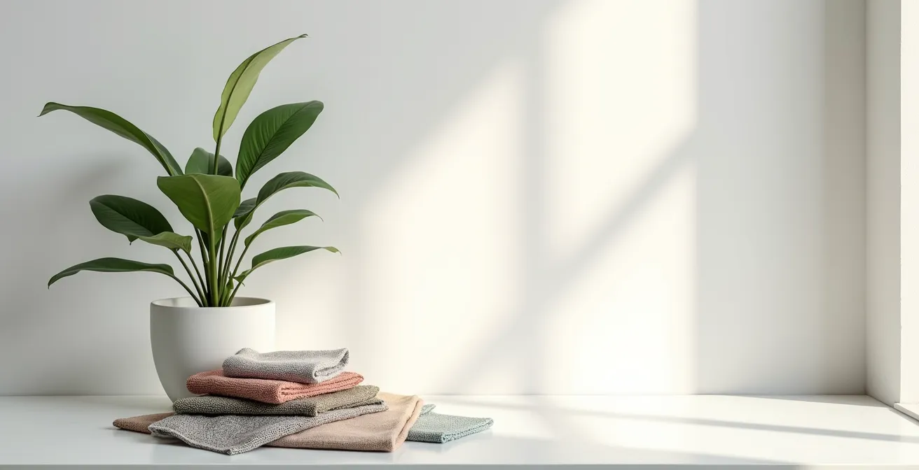 Vue large d'un bureau épuré avec échantillons de matériaux éco-responsables disposés géométriquement